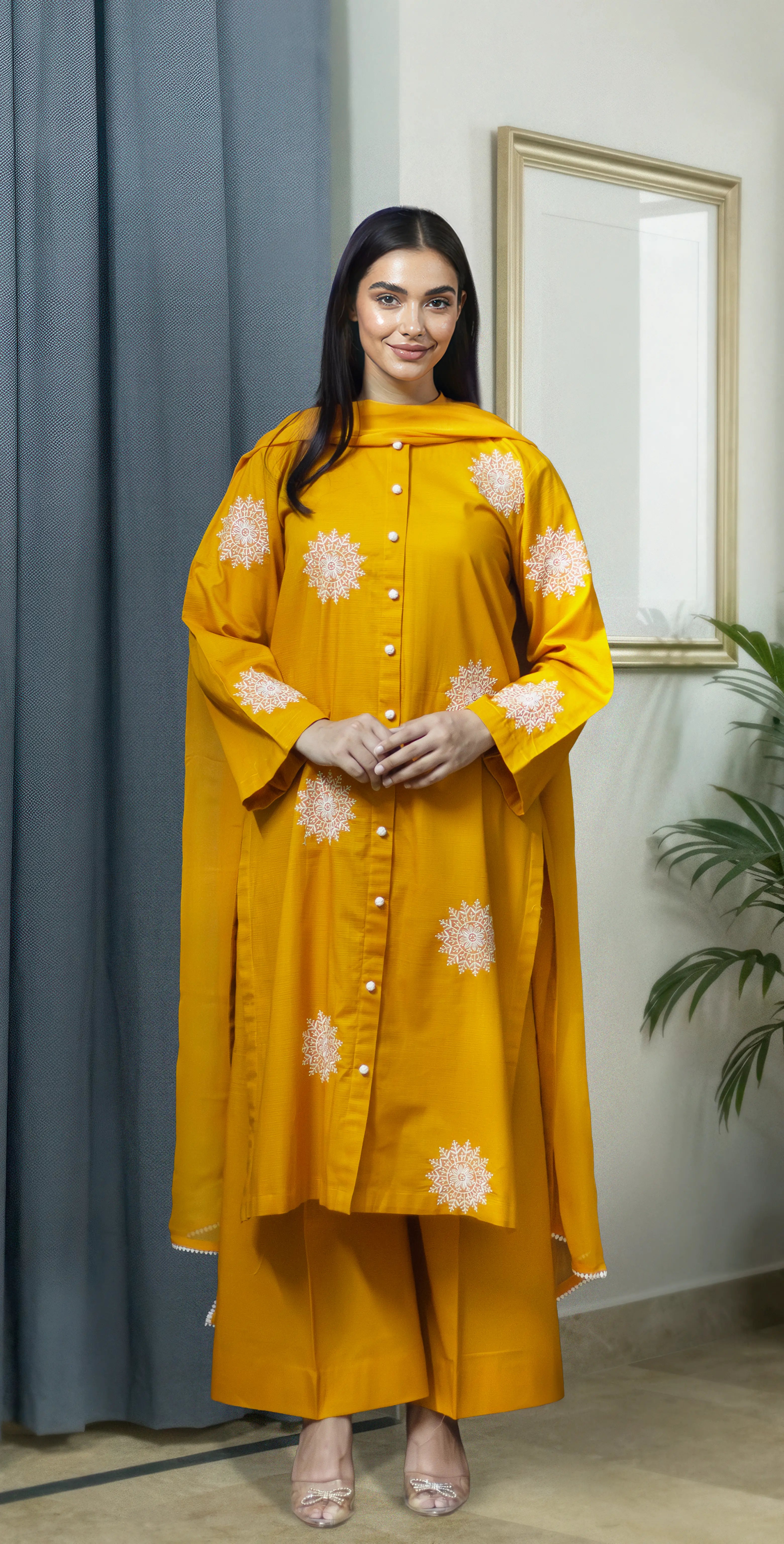 Mustard Rib Lawn Embroidered - Stitched 3 Piece