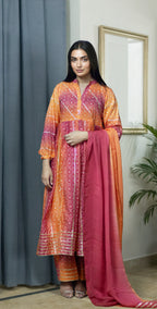 Orange And Rani Pink Chunri Frock-Stitched 3 Piece