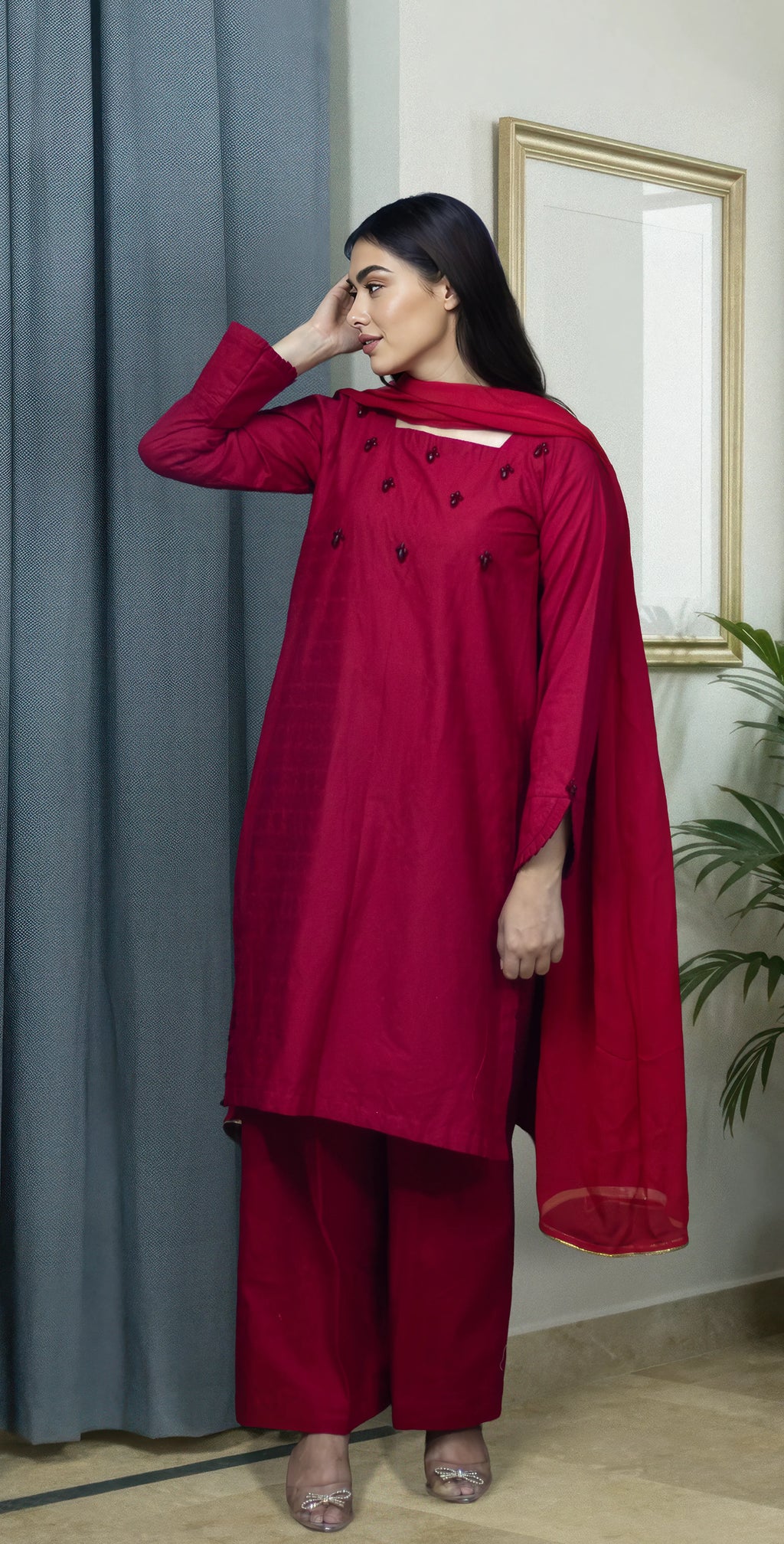 Maroon Red Chicken Kari - Stitched 3 Piece