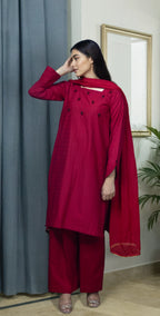 Maroon Red Chicken Kari - Stitched 3 Piece