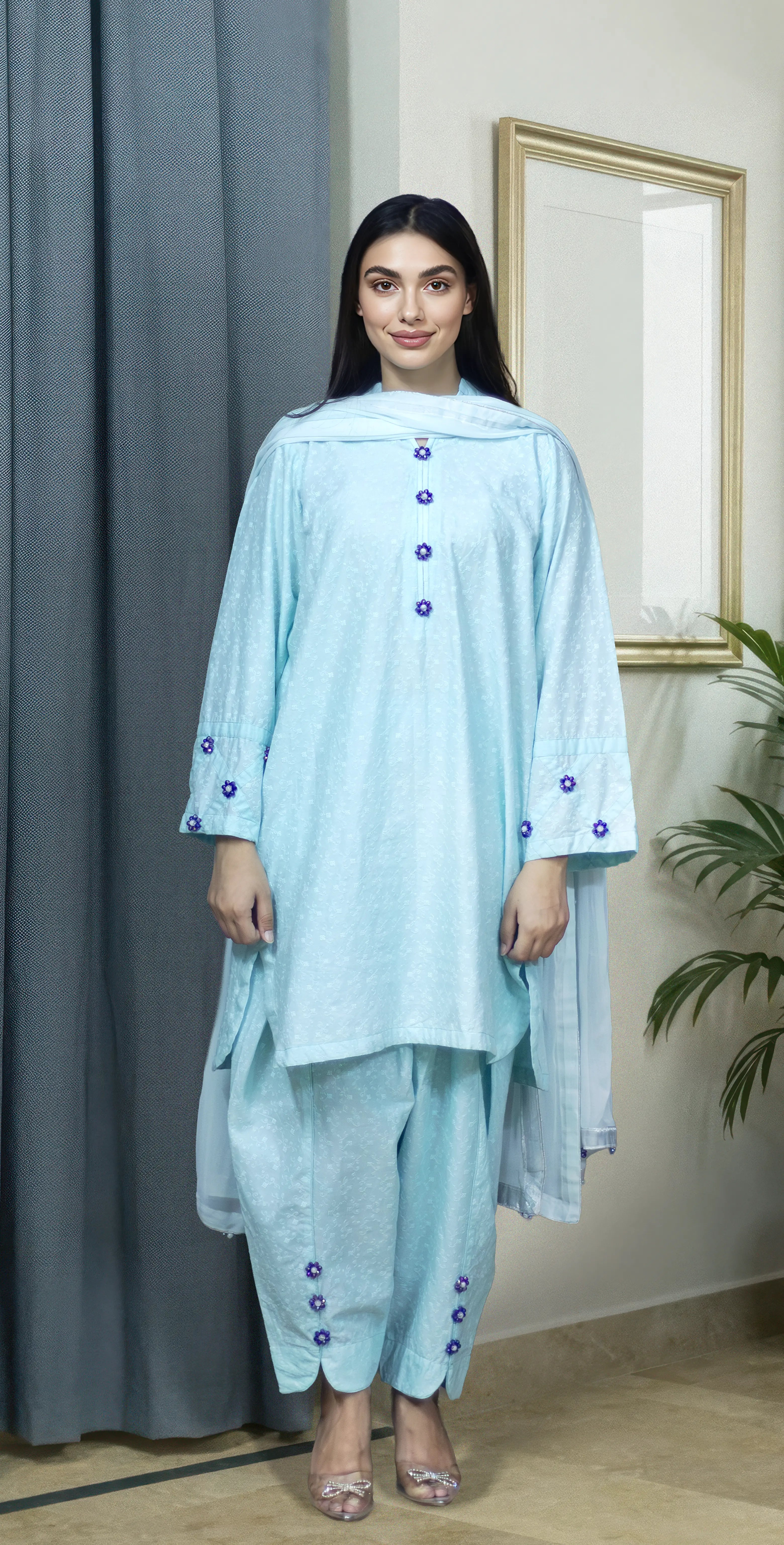 Ice Blue Chicken Kari - Stitched 3 Piece