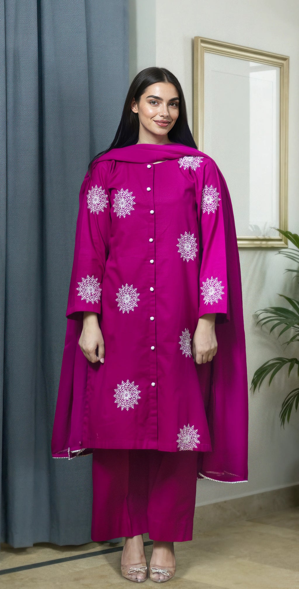 Ruby Pink Rib Lawn Embroidered - Stitched 3 Piece