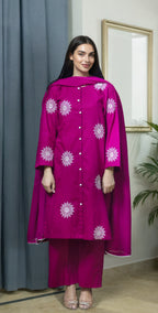 Ruby Pink Rib Lawn Embroidered - Stitched 3 Piece