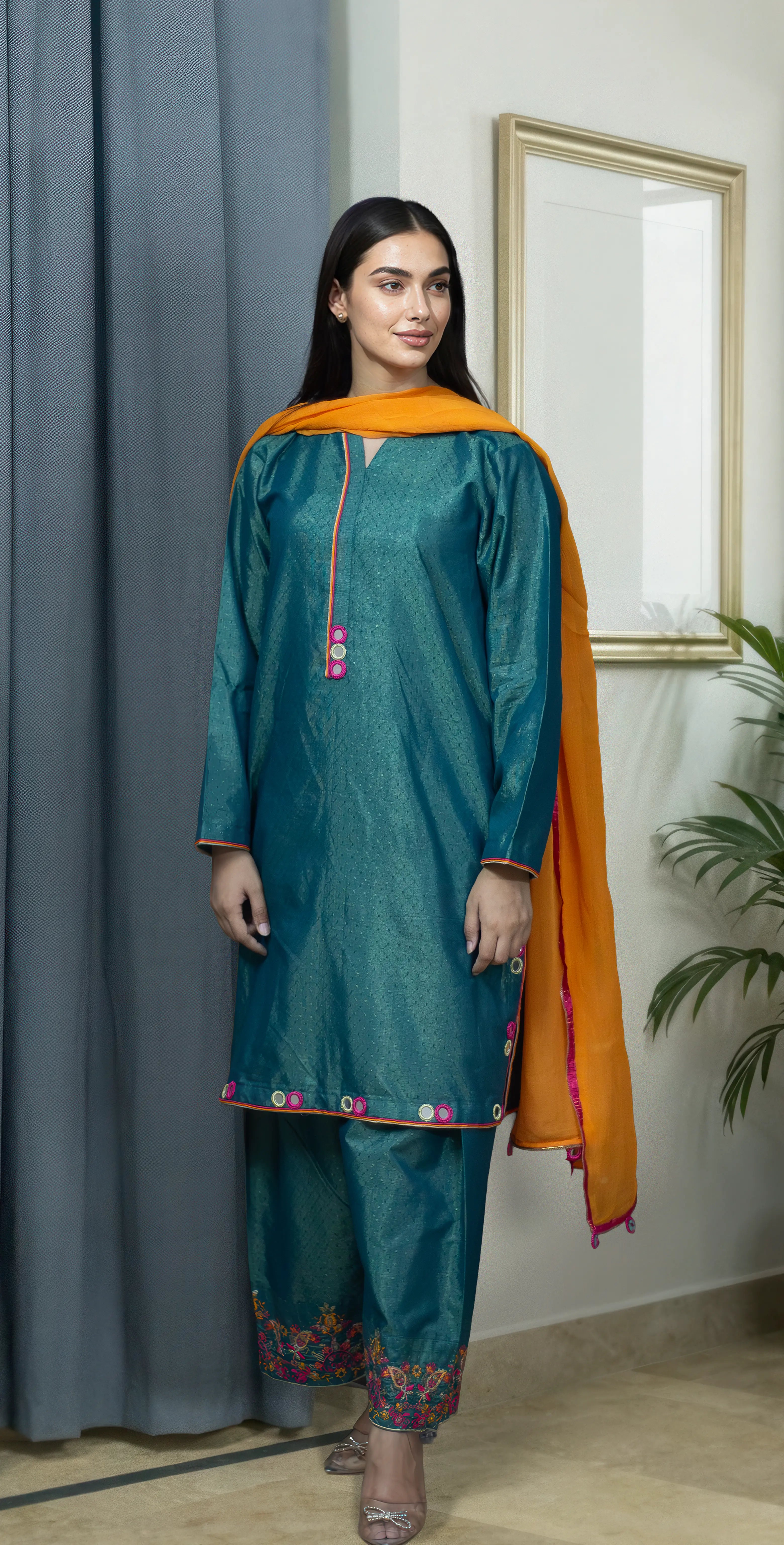 Green Dobby Masoori  Embroidered - Stitched 3 Piece