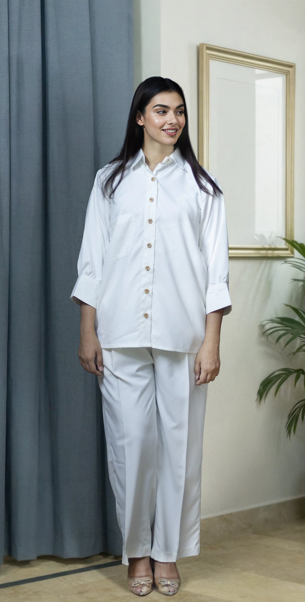 White Imported Wash and Wear Co-ord Set - Stitched