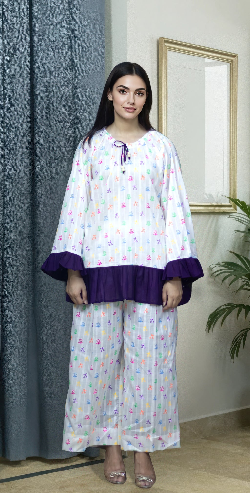 White Digital Lawn Pyjamas Set - Stitched