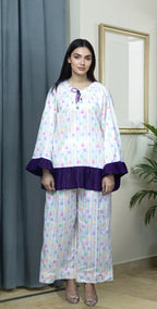 White Digital Lawn Pyjamas Set - Stitched