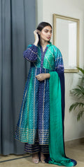 Teal Green and Navy Blue Chunri Frock - Stitched 3 Piece
