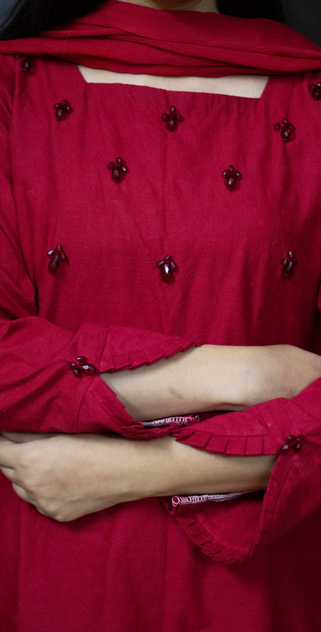 Maroon Red Chicken Kari - Stitched 3 Piece
