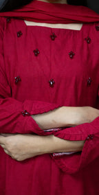 Maroon Red Chicken Kari - Stitched 3 Piece