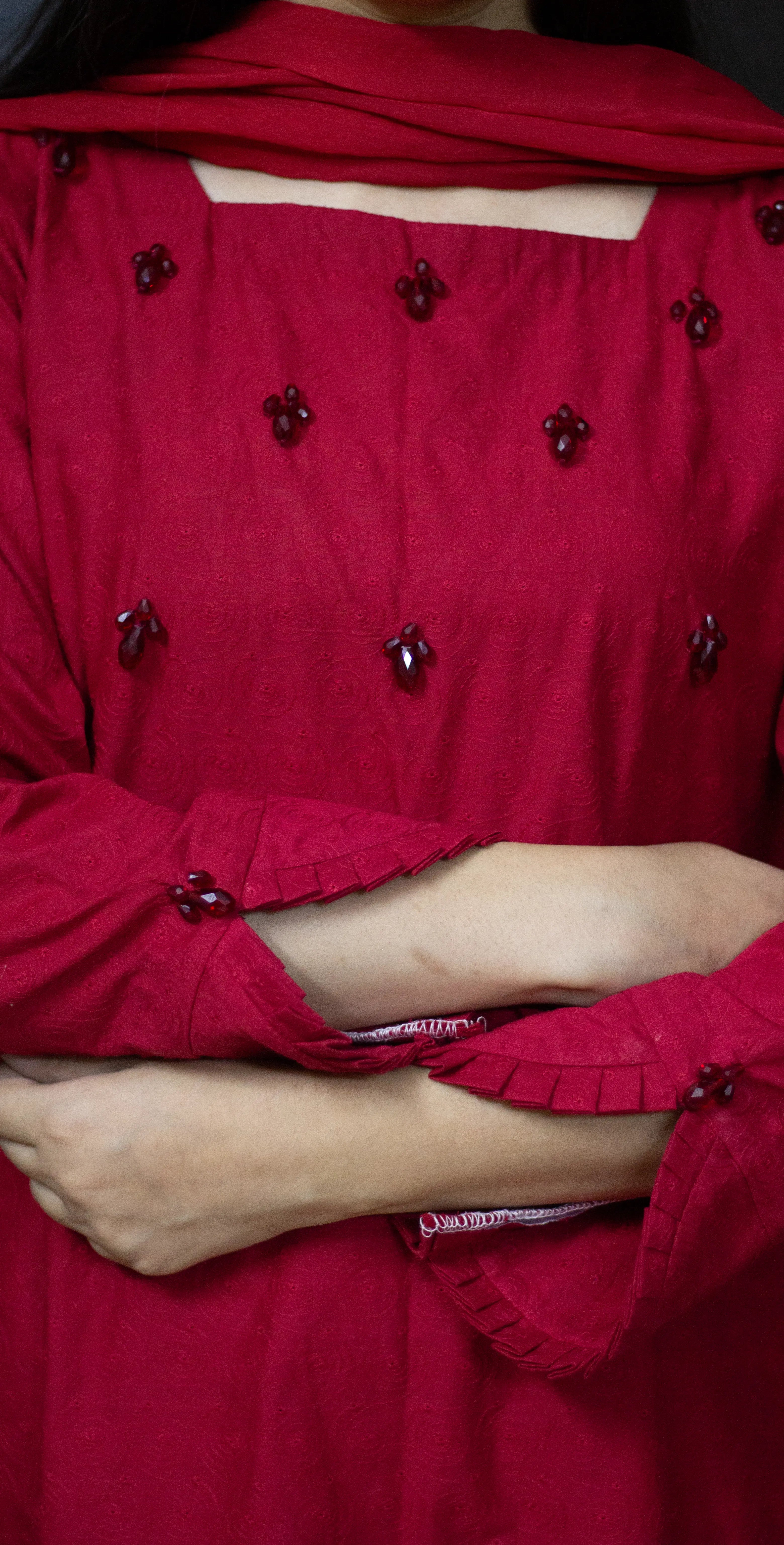 Maroon Red Chicken Kari - Stitched 3 Piece