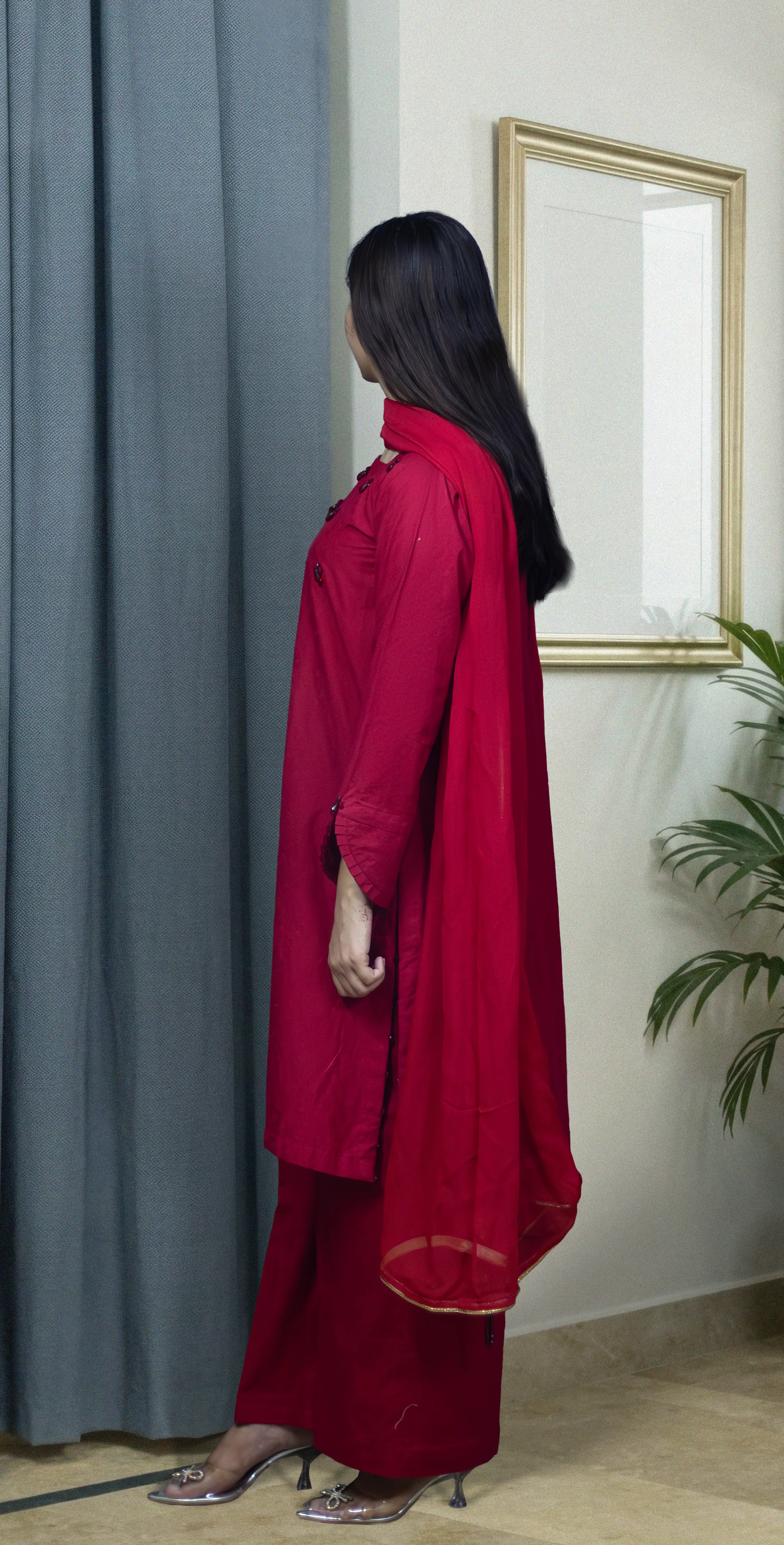 Maroon Red Chicken Kari - Stitched 3 Piece