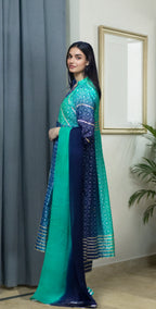 Teal Green and Navy Blue Chunri Frock - Stitched 3 Piece
