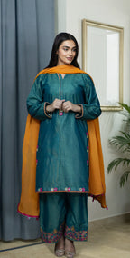 Green Dobby Masoori  Embroidered - Stitched 3 Piece