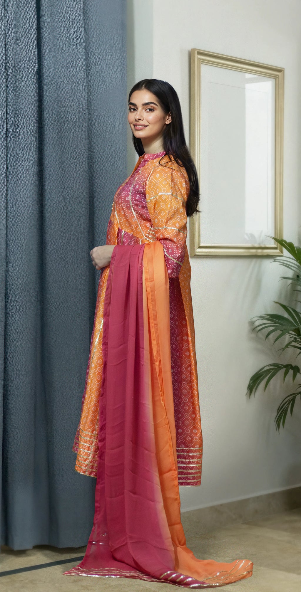 Orange And Rani Pink Chunri Frock-Stitched 3 Piece