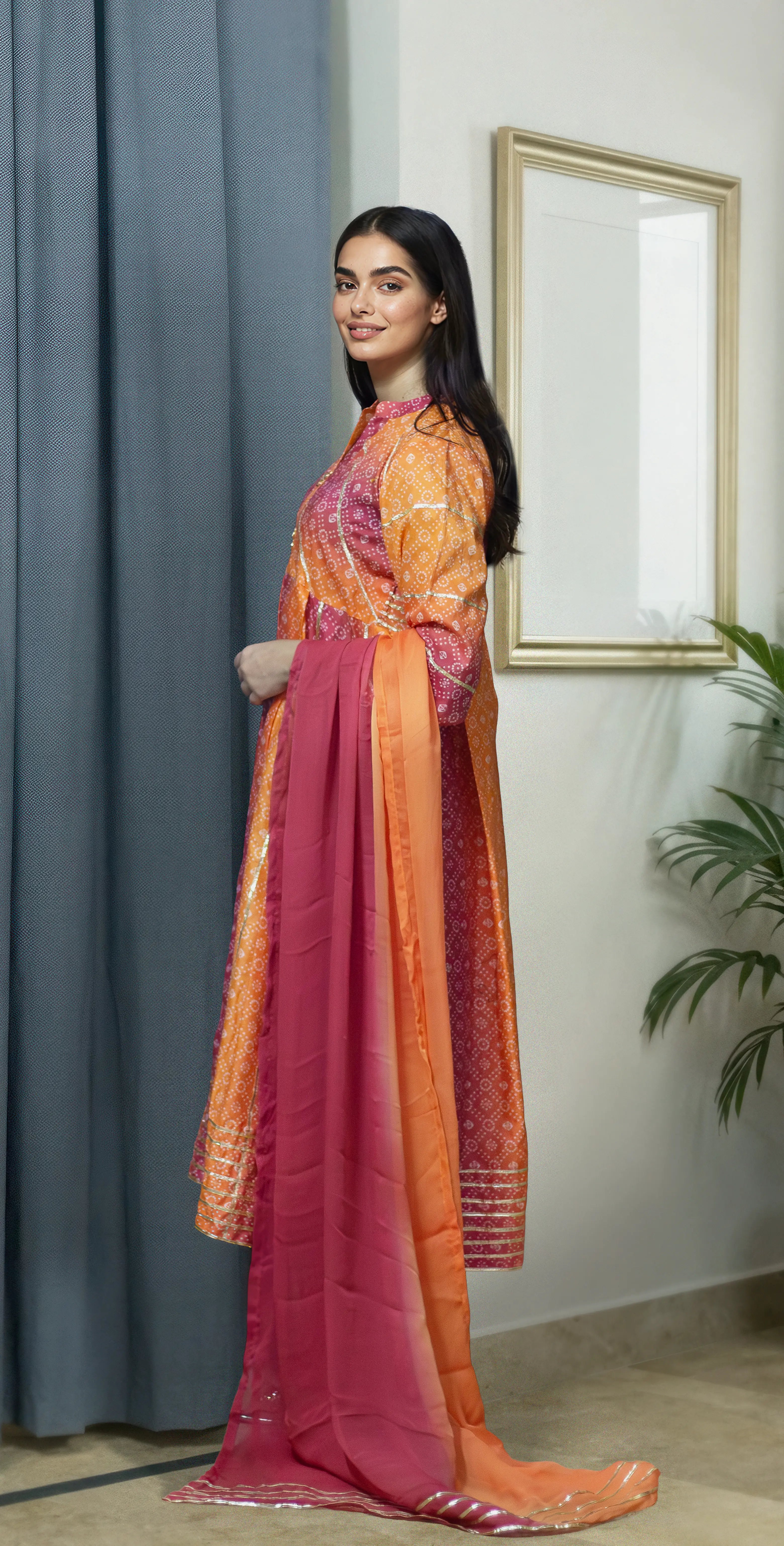 Orange And Rani Pink Chunri Frock-Stitched 3 Piece