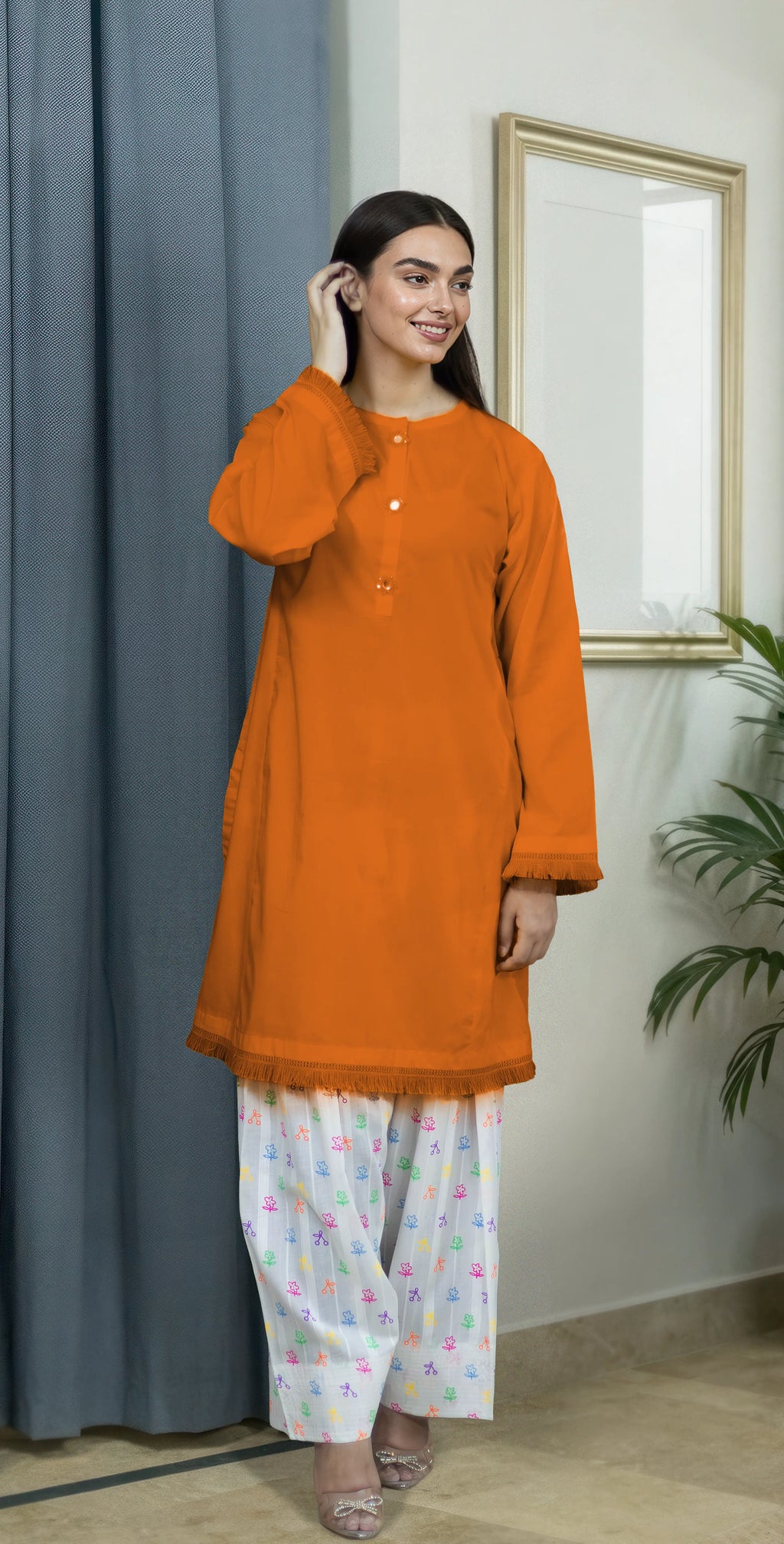 Everyday Orange Kurta Set -Stitched