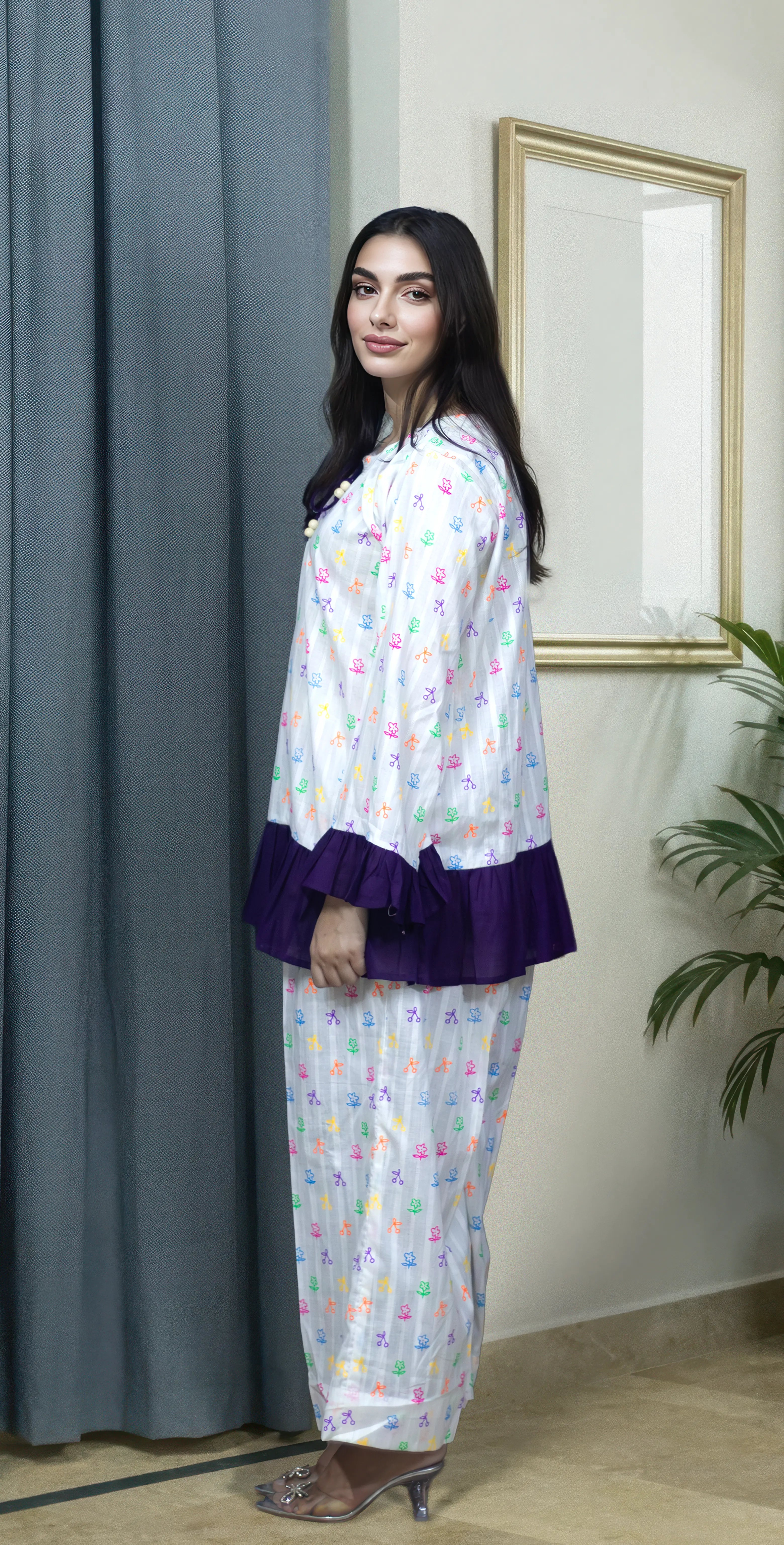 White Digital Lawn Pyjamas Set - Stitched