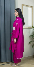Ruby Pink Rib Lawn Embroidered - Stitched 3 Piece