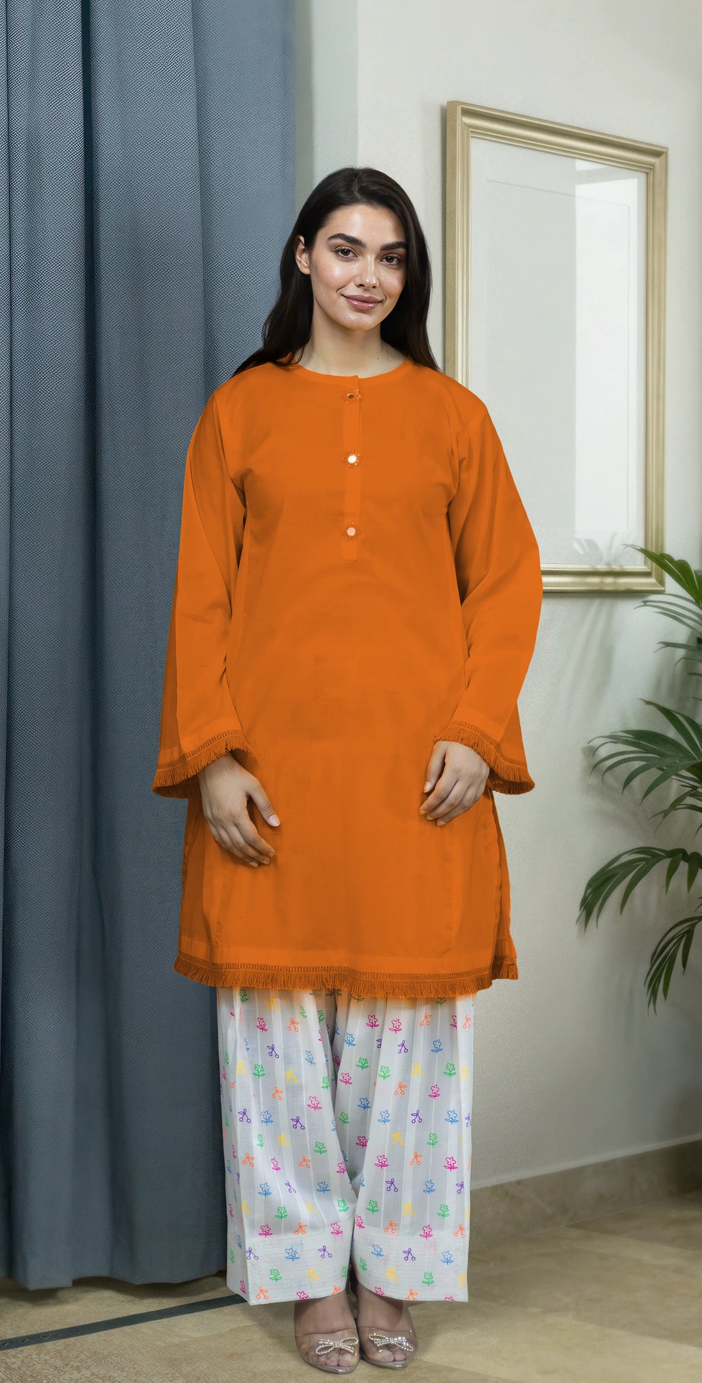 Everyday Orange Kurta Set -Stitched