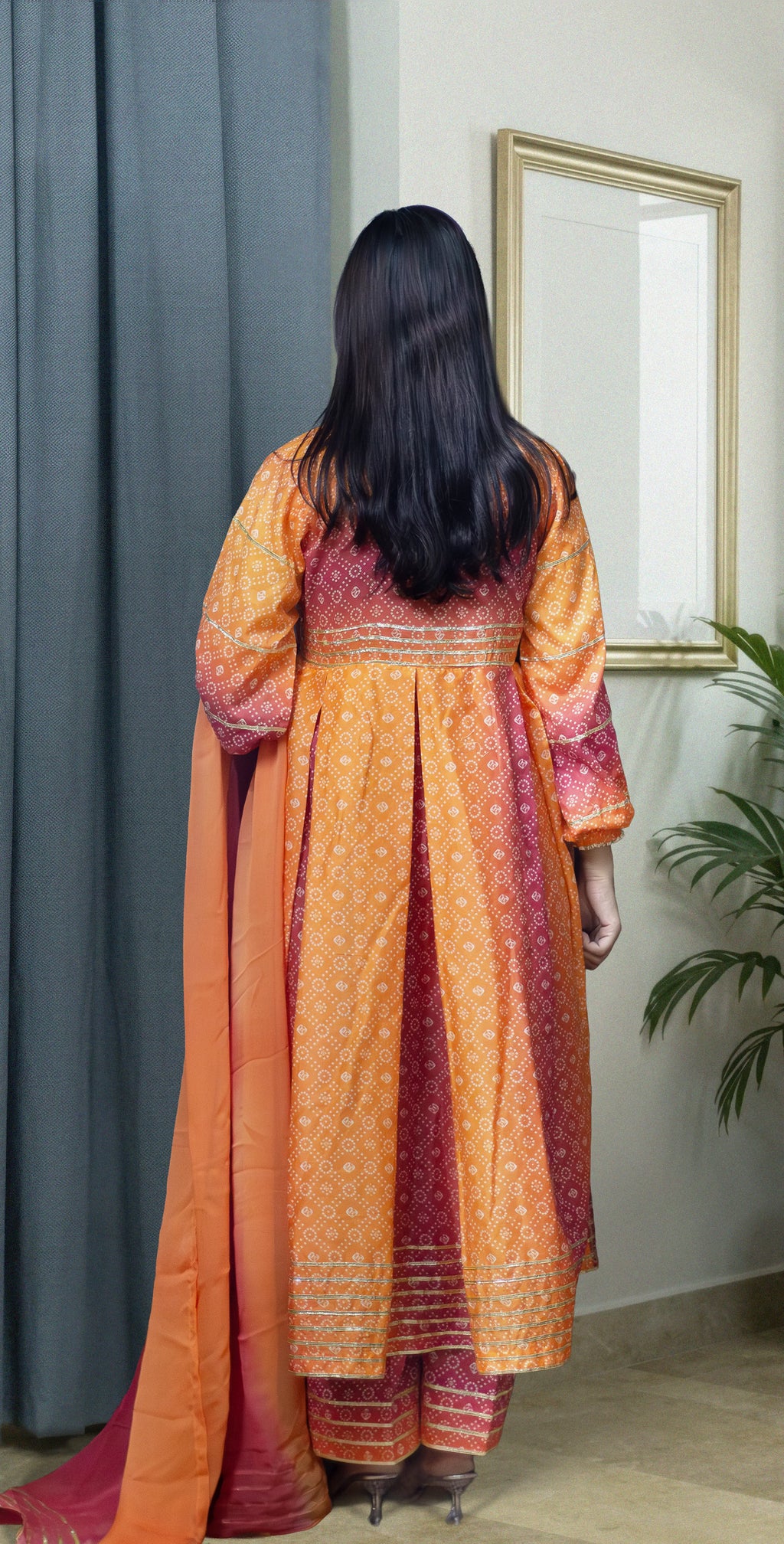 Orange And Rani Pink Chunri Frock-Stitched 3 Piece