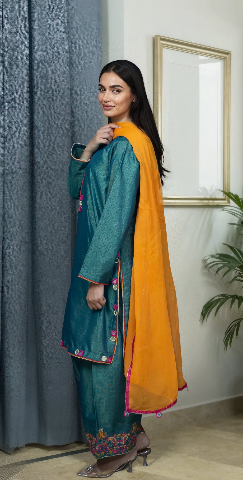 Green Dobby Masoori  Embroidered - Stitched 3 Piece