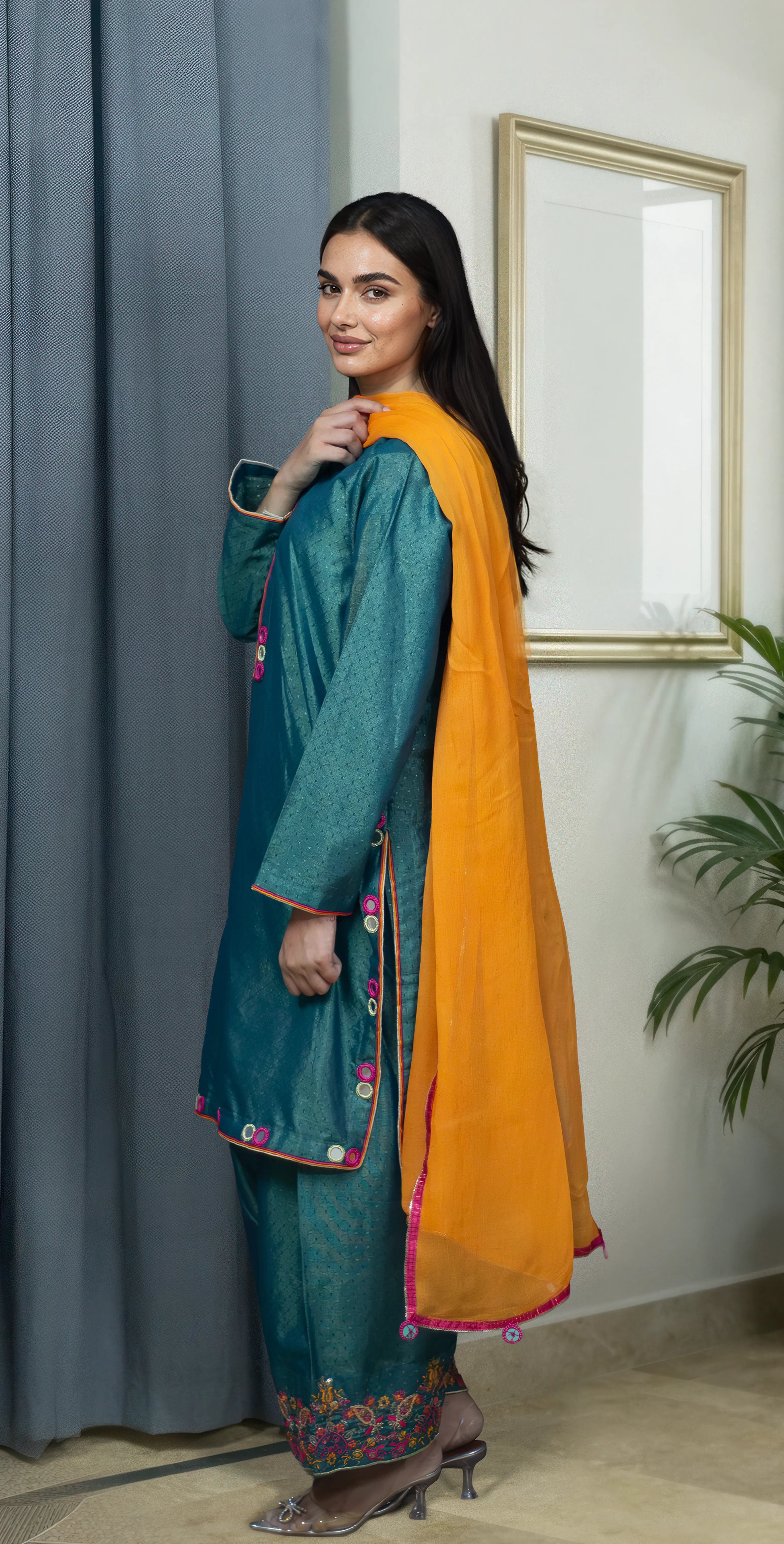 Green Dobby Masoori  Embroidered - Stitched 3 Piece