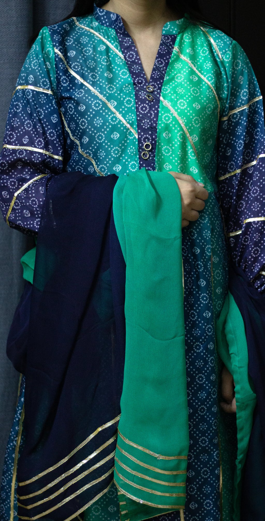 Teal Green and Navy Blue Chunri Frock - Stitched 3 Piece