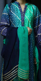 Teal Green and Navy Blue Chunri Frock - Stitched 3 Piece