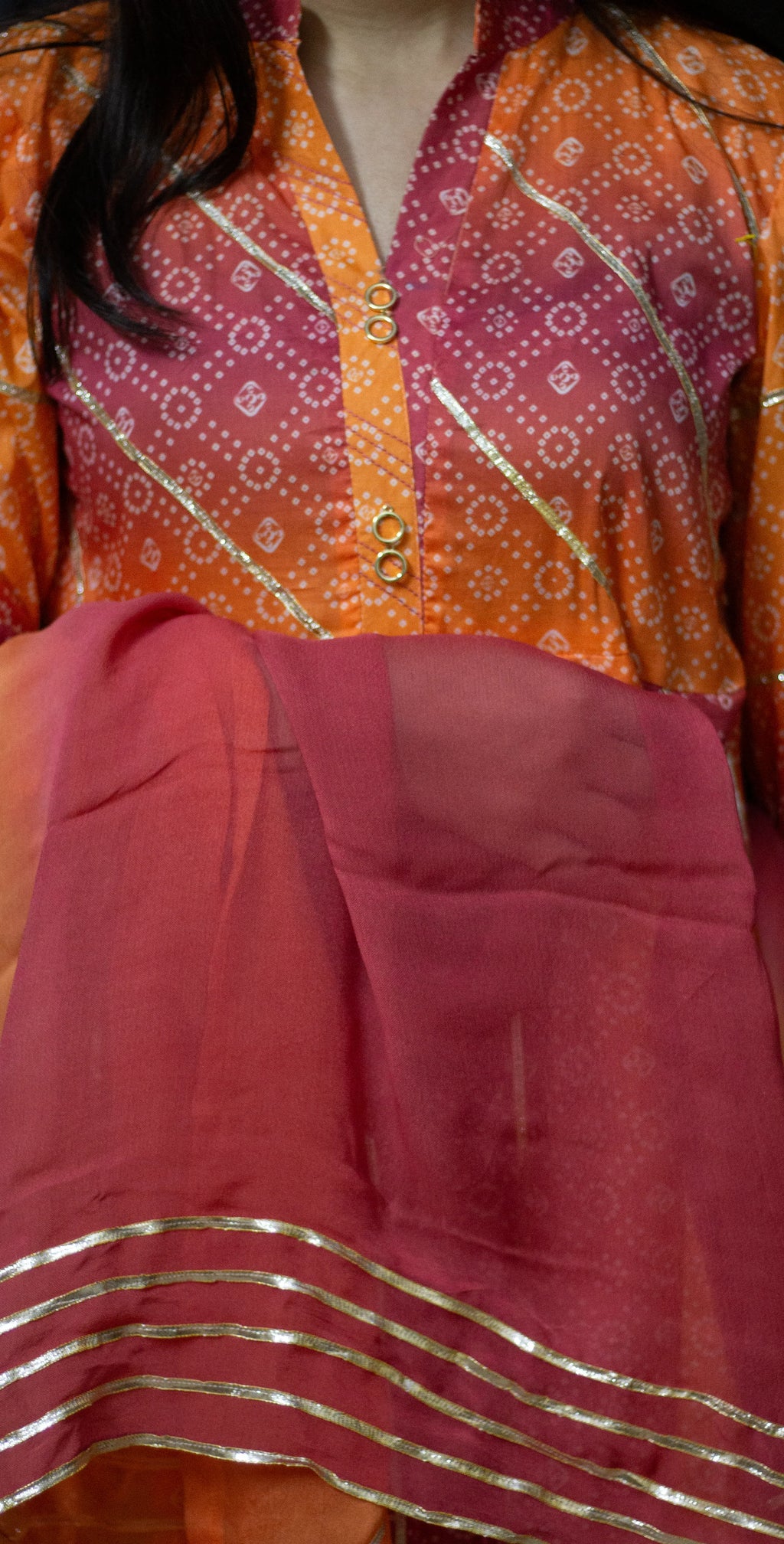 Orange And Rani Pink Chunri Frock-Stitched 3 Piece