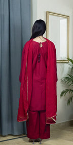 Maroon Red Chicken Kari - Stitched 3 Piece