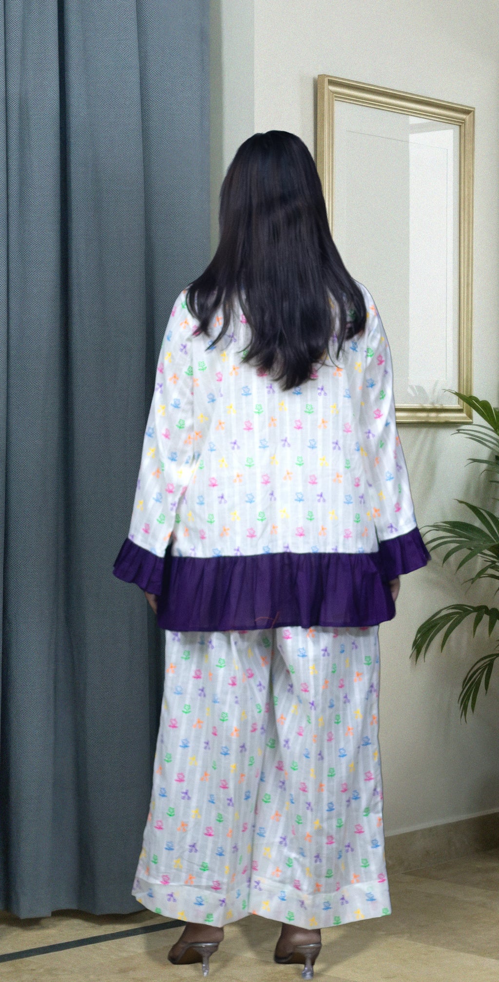 White Digital Lawn Pyjamas Set - Stitched