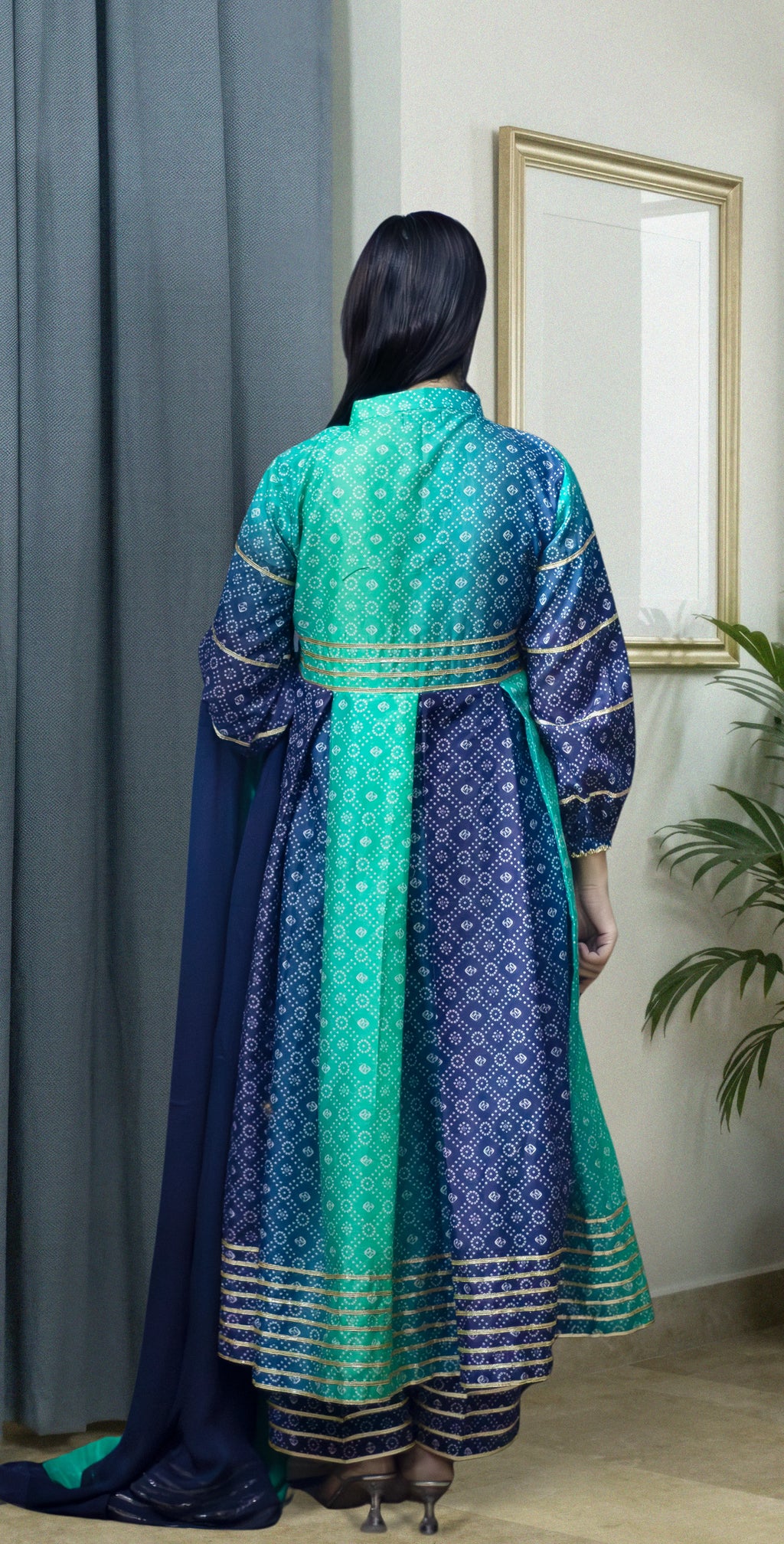 Teal Green and Navy Blue Chunri Frock - Stitched 3 Piece