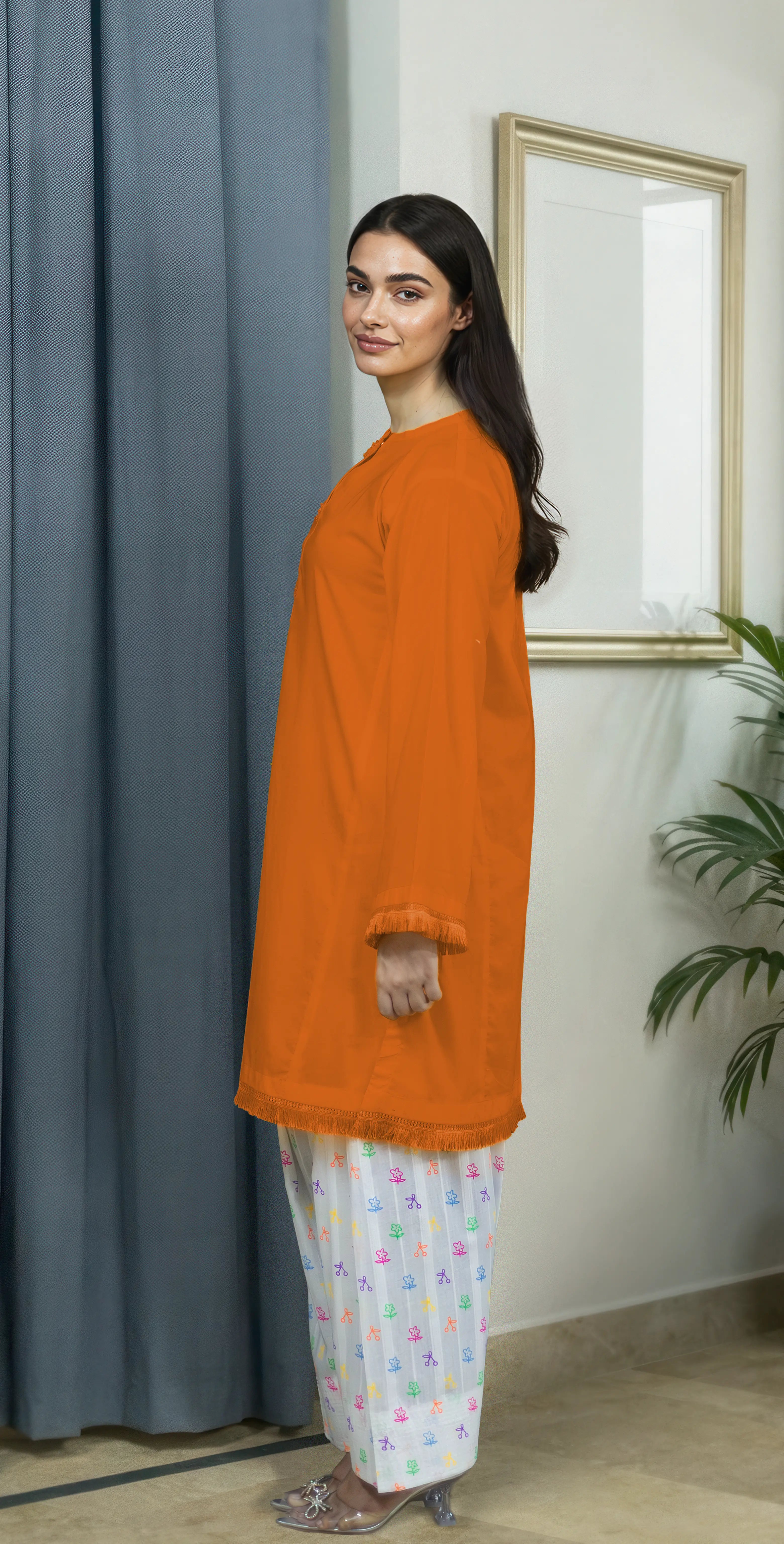 Everyday Orange Kurta Set -Stitched