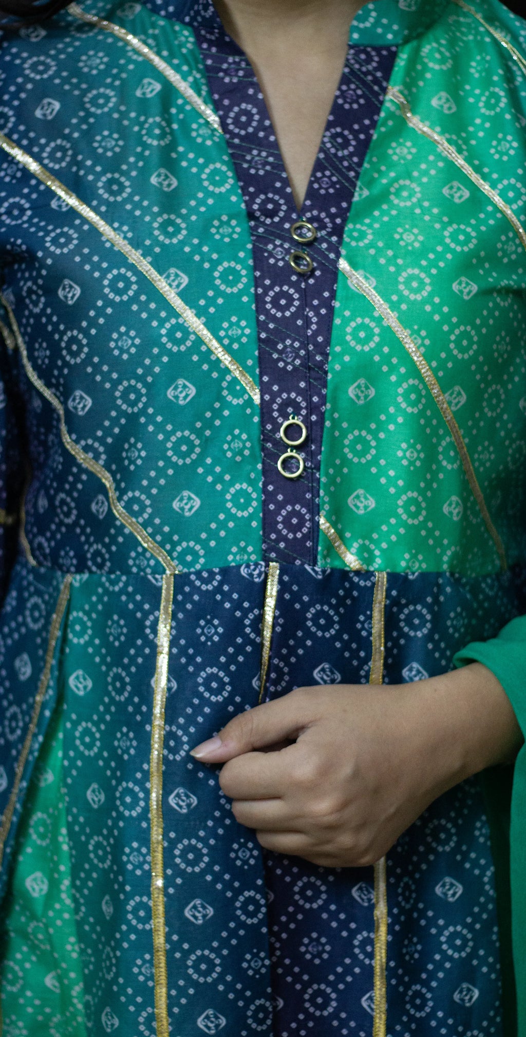 Teal Green and Navy Blue Chunri Frock - Stitched 3 Piece